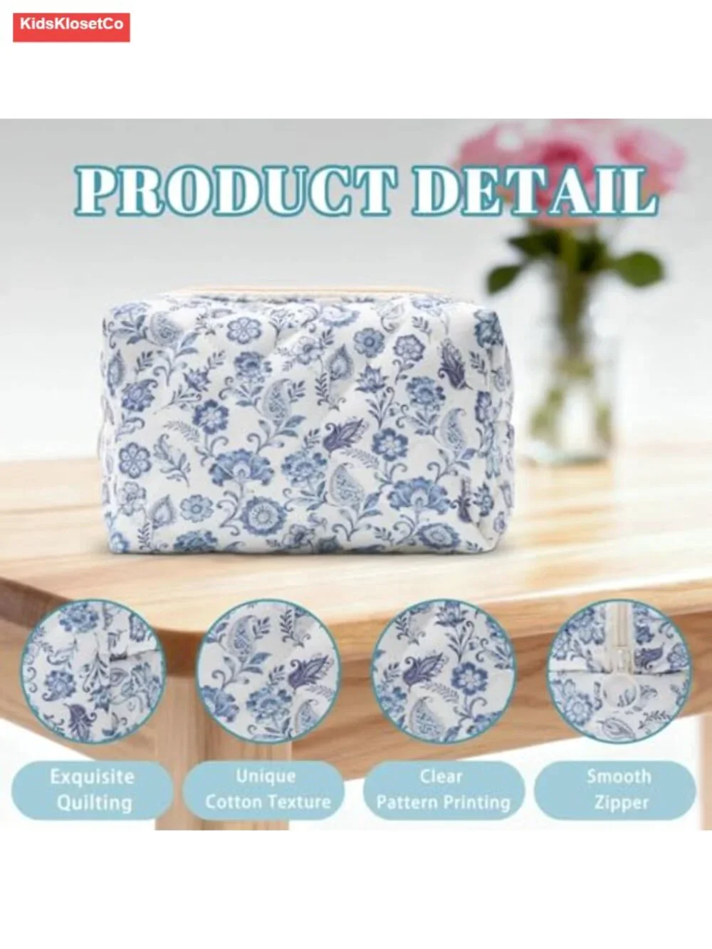 Quilted Cotton Makeup Bag Vintage Floral Cosmetic Pouch Travel Toiletry